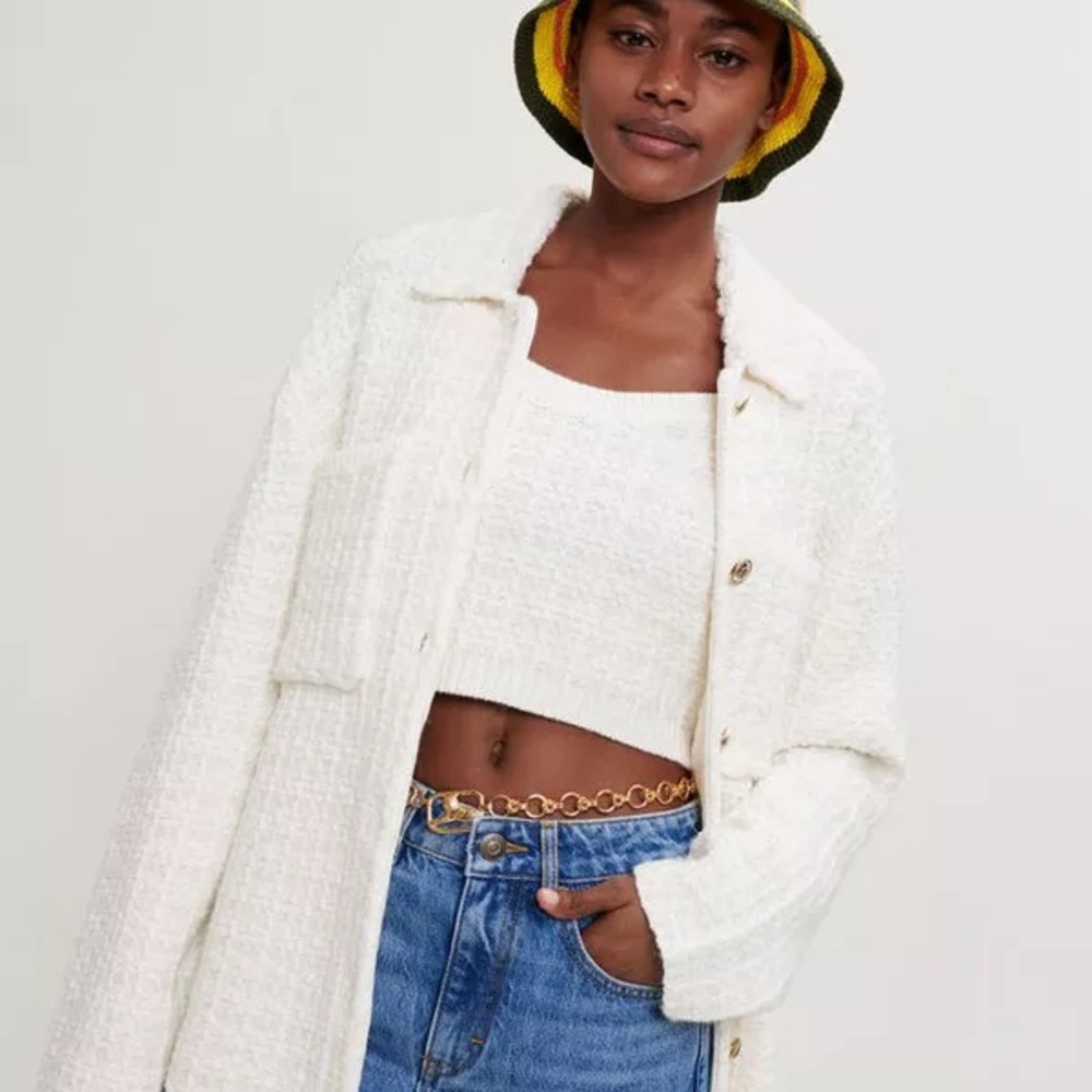 Maje Cream Crop Top and Plush Oversized Jacket Set